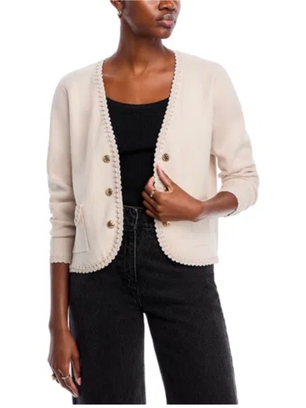 Sioni Open-Front Ivory/Cream Knitted Lady Jacket Cardigan with Gold Buttons - Picture 2 of 16